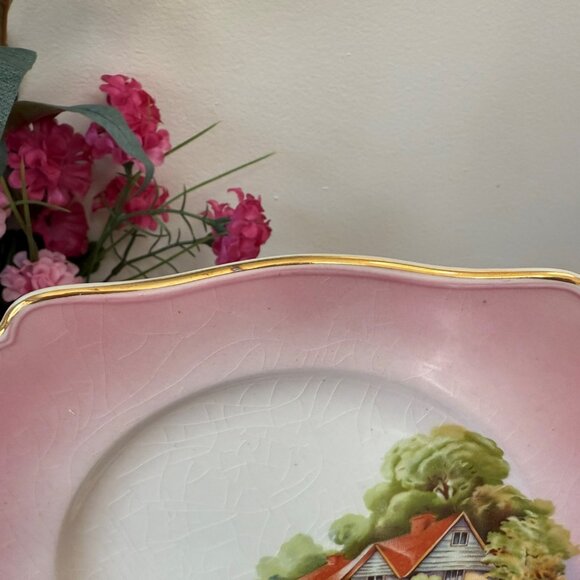Pair of Vintage Royal Winton Grimwades Pink‎ Cottage Scene Square Plates England - Picture 6 of 9